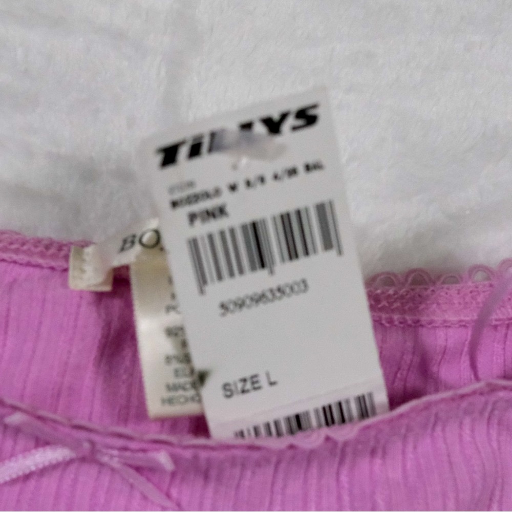 Bozzolo | Ballet Neck Baby Tee Pink Ribbed Off-Shoulder Crop Top | L - Picture 7 of 7